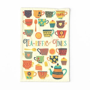Vintage Inspired Tea Towel - Tea-riffic Times by sandra_hutter_designs - Teacup Teapot Linen Cotton Canvas Tea Towel by Spoonflower