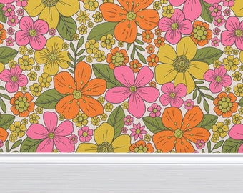 花柄の糊なし壁紙 花柄 レトロ 60年代 70年代 ヒッピー - レトロ 1960