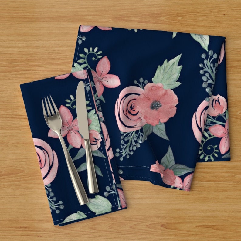 Floral Dinner Napkins - Navy Floral by tarabruner Bohemain Watercolor Botanical Girly Nursery Cloth Napkins by Spoonflower Set of 2