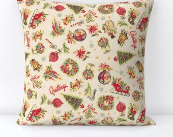Retro Throw Pillow - Decals  Vintage Xmas Holiday Tree Candycane Santa Decorative Square Throw Pillow - Christmas Stickers by juliamonroe