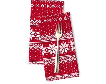 Nordic Hygge Dinner Napkins Set of 2 - Scandi Snowflakes Christmas Trees Rustic Winter  Cloth Napkins - Red Christmas by sssowers