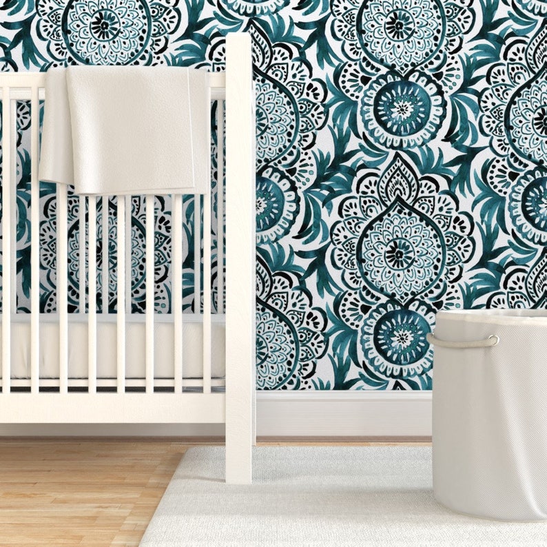 Boho Damask Wallpaper Mandala Medallion Teal by Etsy