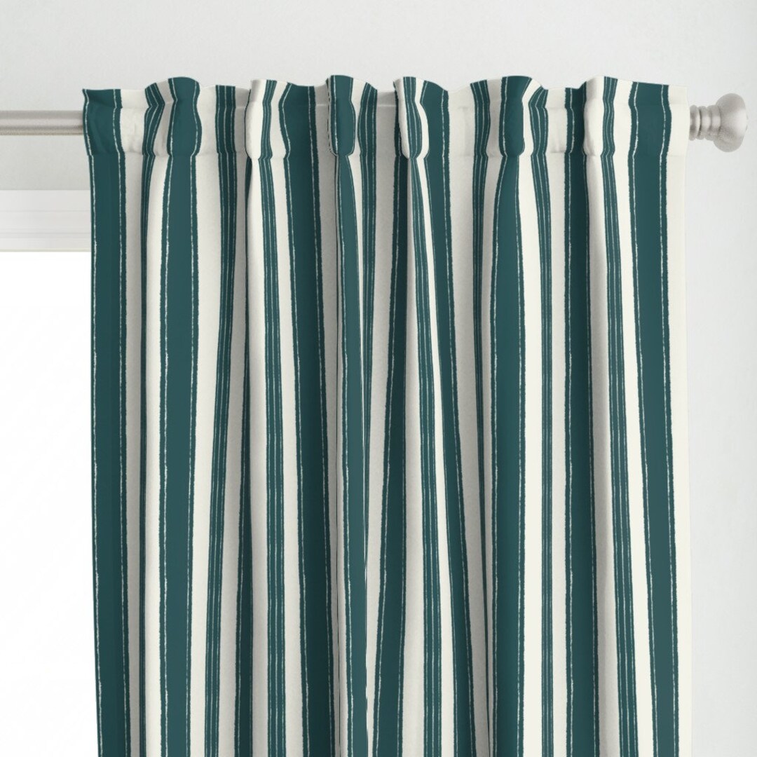 Farmhouse Stripe Curtain Panel Striped Vertical by Anneke_doorenbosch Dark Teal Ivory Imperfect