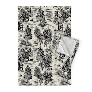 Sasquatch Tea Towels (Set of 2) - Bigfoot Toile by somecallmebeth - Black Bigfoot Yeti Camping Toile Linen Cotton Tea Towels by Spoonflower