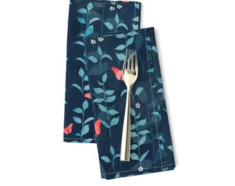 Floral Butterfly Dinner Napkins (Set of 2) - Midnight Garden by adenaj - Modern Garden Deep Turquoise Coral Cloth Napkins by Spoonflower