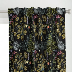 Black Jumbo Botanica Curtain Panel - The Scent Of Wild Grasses  by chicca_besso - Black Green Flowers Custom Curtain Panel by Spoonflower