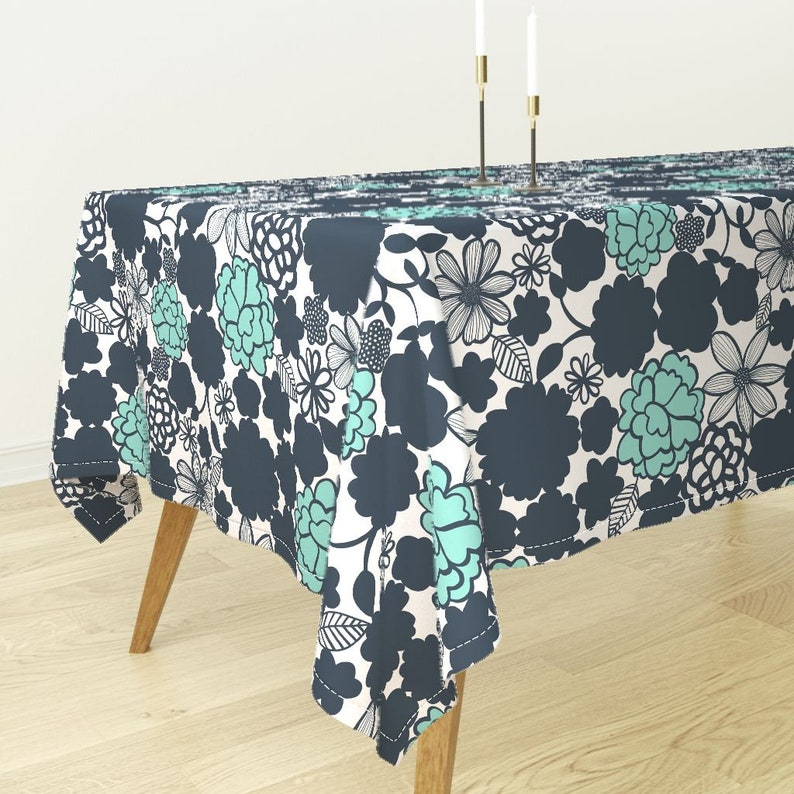Aqua Navy Flower Abstract Garden Cotton Sateen Tablecloth by Spoonflower Blue Florals Tablecloth Chelsea Navyaqua by elephantandrose