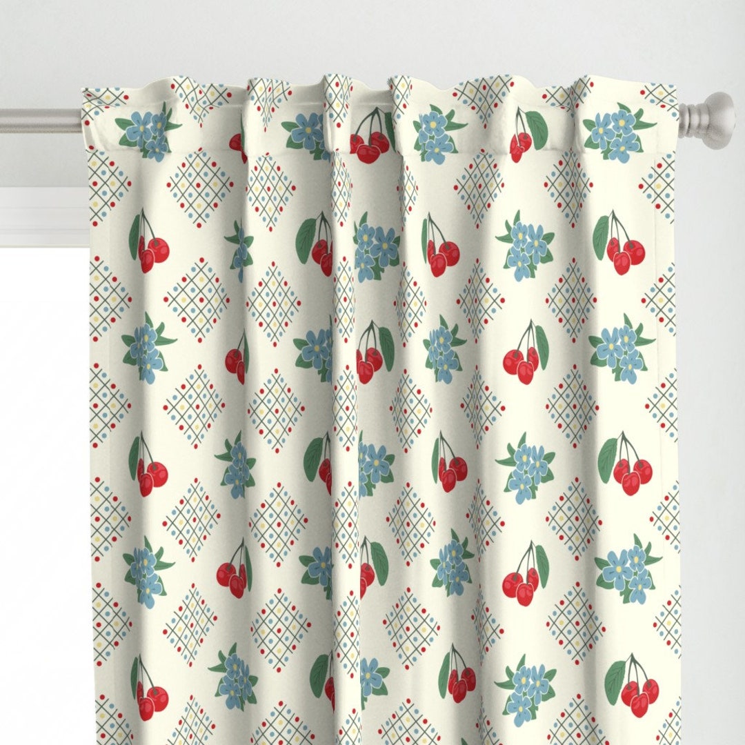 Retro Kitchen Curtain Panel 1940s Cherry by Lioriel Cherry Retro Floral