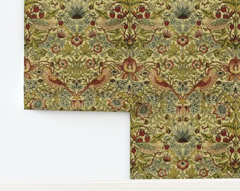Victorian Non-Pasted Wallpaper Vines Birds Botanical Damask - Strawberry Thief by peacoquettedesigns Wallpaper Double Roll by Spoonflower