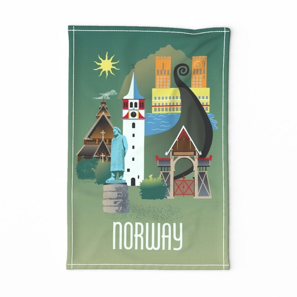 Scandinavia Tea Towel - Norway Travel by vinpauld - Travel Adventure Vintage Travel Viking Ship Linen Cotton Canvas Tea Towel by Spoonflower