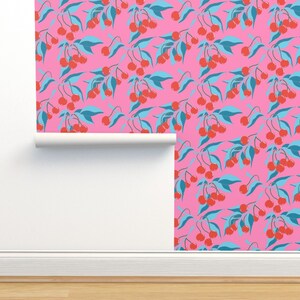 Bold Fruit Non-Pasted Wallpaper Modern Cherries Pink - Cherries Teal Branches by katieclairedesigns Wallpaper Double Roll by Spoonflower