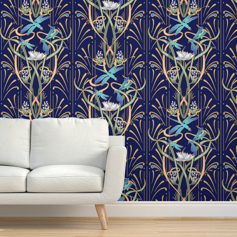 Bold Art Nouveau Wallpaper Art Nouveau Dragonflies Blue by Etsy