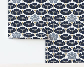 Art Deco Floral Non-Pasted Wallpaper Navy Mustard Elegant Floral - 1920s Floral Indigo by fernlesliestudio Wallpaper by Spoonflower