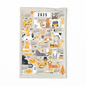 2025 Calendar Tea Towel - 2025 Cat-lendar by analinea - Quirky Cats Seasons Tea Towel Cat Kitty Linen Cotton Canvas Tea Towel by Spoonflower