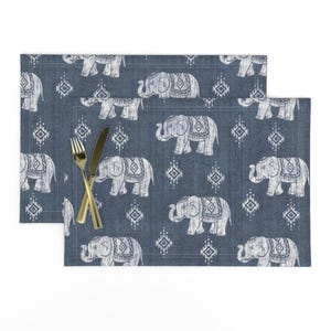 Elephant Placemats (Set of 2) - Sharavathi Elephants - Indigo by byre_wilde - Vertical Bohemian Travel Boho Cloth Placemats by Spoonflower