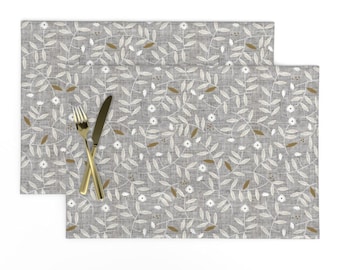 Neutral Gray Floral Placemats Set of 2 - Modern Botanical Mustard Olive Gold Cloth Placemats - Darcy Grey Medium by nouveau_bohemian