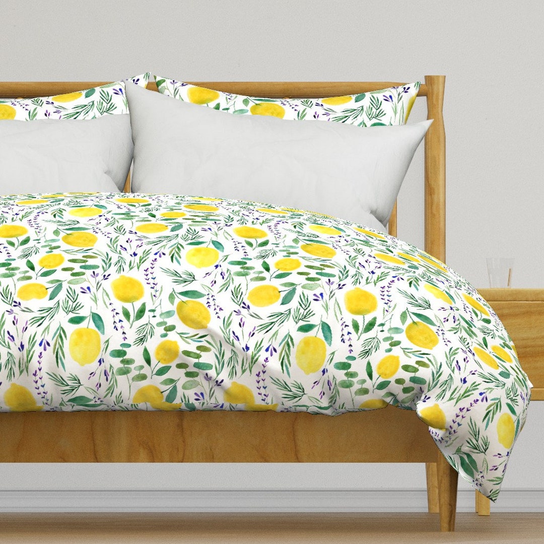 Lavender Lemon Duvet Cover Citrus Limon by Lucindawei Watercolor Floral Citrus Yellow Cotton