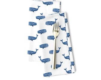 Watercolor Whales Dinner Napkins Set of 2 - Nautical Sea Life Ocean Wildlife Sperm Whale Blue White Cloth Napkins - Whale by madebynagore