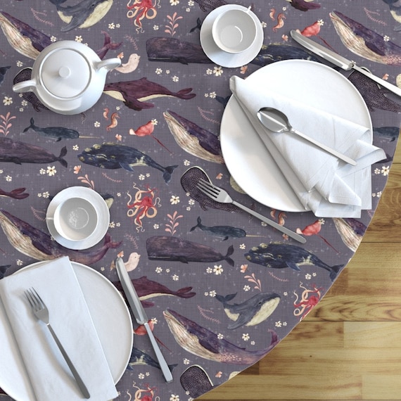 Whales On Blue Round Tablecloth Abyssal Choir by bound/_textiles Ocean Life Cotton Sateen Circle Tablecloth by Spoonflower