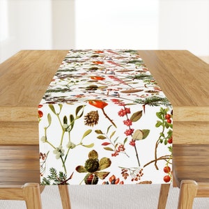 Winter Botanical Table Runner - Vintage Botanical Winter by redbriarstudio - Pinecones Red Berries Cotton Sateen Table Runner by Spoonflower