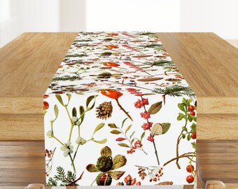 Winter Botanical Table Runner - Vintage Botanical Winter by redbriarstudio - Pinecones Red Berries Cotton Sateen Table Runner by Spoonflower