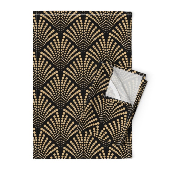 Black and Faux Gold Tea Towels set of 2 Art Deco Dots by Vilmosvarga  Geometric Art Deco Linen Cotton Tea Towels by Spoonflower 