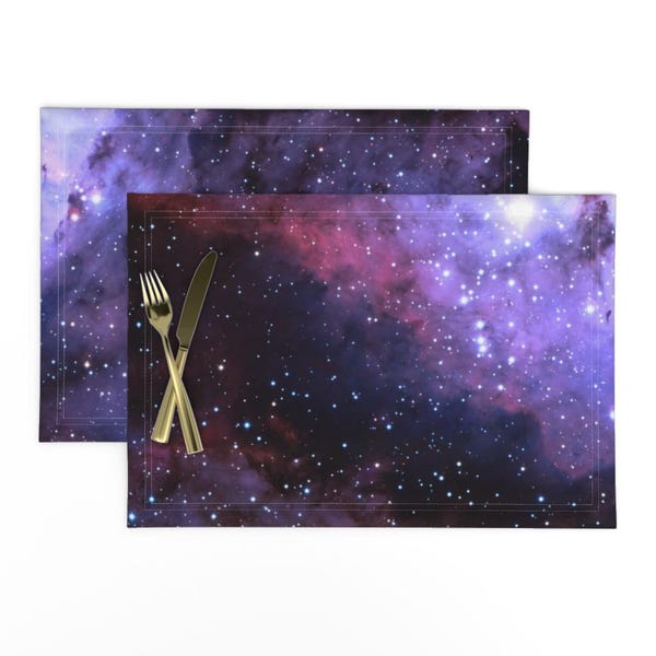 Purple Galaxy Placemats Set of 2 - Dark Cosmo Outer Space Starts Constellation Cloth Placemats - Carina Nebula (edited Blue) by azizakadyri