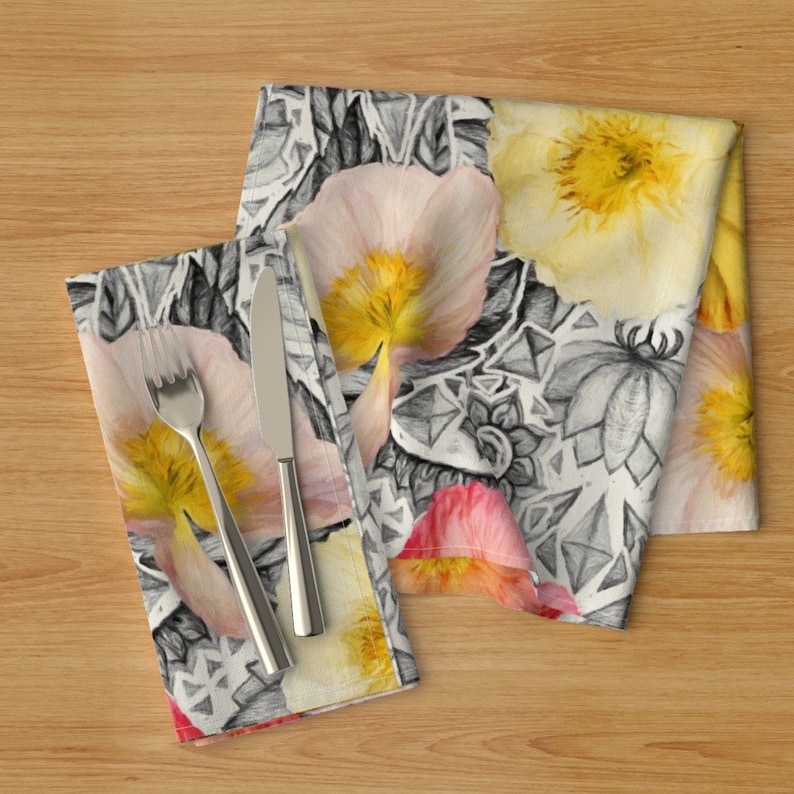 - Graphic Poppy Collage by micklyn Set of 2 Flower Garden Hand Drawn Botanical Cloth Napkins by Spoonflower Floral Dinner Napkins