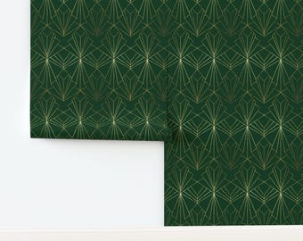 Glam 1920s Non-Pasted Wallpaper Emerald Green Faux Gold Look - Art Deco On Emerald Green by thewellingtonboot Wallpaper by Spoonflower