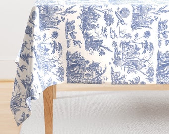 Traditional Toile Tablecloth - Toile by peacoquettedesigns - French Romantic Blue And White Blue Cotton Sateen Tablecloth by Spoonflower