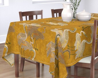 Chinoiserie Crane Tablecloth - Large Deco Cranes by cooper&craft - Egret Heron Distressed Mustard  Cotton Sateen Tablecloth by Spoonflower