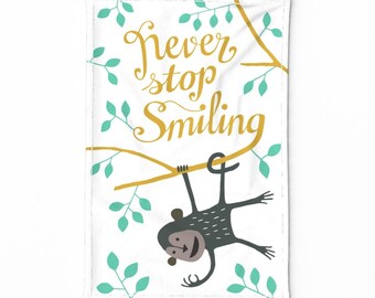 Animal Tea Towel - Monkey Never Stop Smiling Tea Towel - Poster by heleen_vd_thillart - Tree Linen Cotton Canvas Tea Towel by Spoonflower