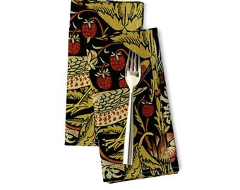 William Morris Dinner Napkins Set of 2 - Traditional Victorian Woven Look Black Green Cloth Napkins - Strawberry Thief by peacoquettedesigns