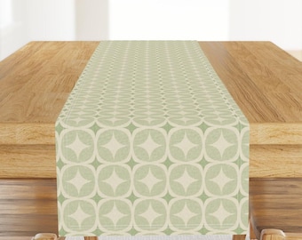 Vintage Table Runner - Abstract Sixties Seventies Mcm Mid Century Modern Cotton Sateen Table Runner - Retro Geometric Green by housebythesea
