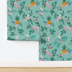 Green Jungle Non-Pasted Wallpaper Monkey Toucan Leopard Teal Nature Whimsical - Jungle Toile by vivdesign Wallpaper by Spoonflower