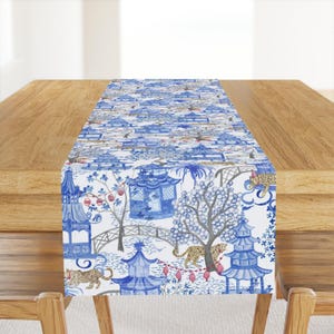 Pagoda Forest Table Runner - Party Leopards by danika_herrick - Chinese Chinoiserie Lanterns Blue Cotton Sateen Table Runner by Spoonflower