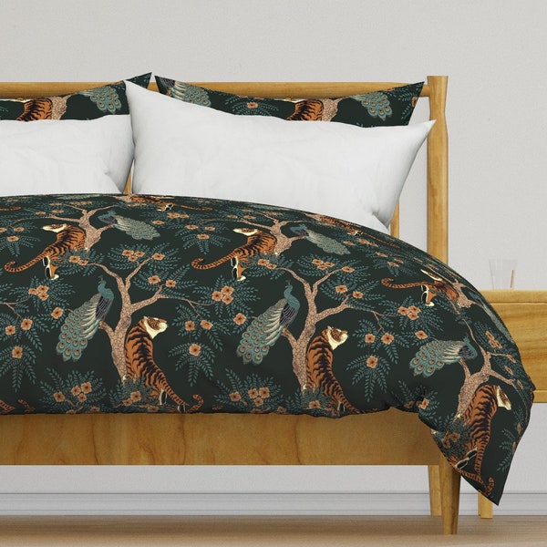 Tiger Chinoiserie Bedding - Tiger & Peacock by sveta_aho - Bengal Tiger Peacock Cotton Sateen Duvet Cover OR Pillow Shams by Spoonflower