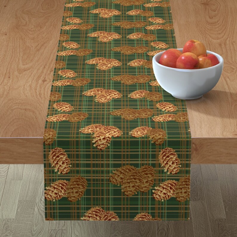 Pinecones On Plaid by rubydoor Rustic Table Runner Forest Woods Evergreen Tree Plaid Tartan Cotton Sateen Table Runner by Spoonflower