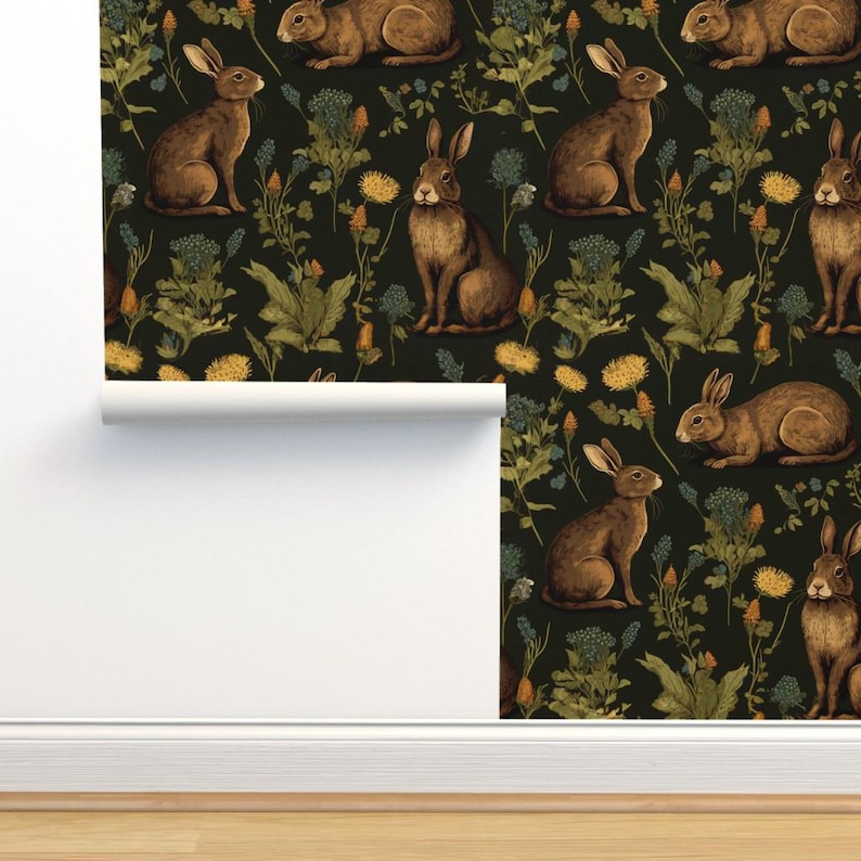 Medieval Rabbit Textured Grasscloth Wallpaper - Woodland Bunny Fern ...
