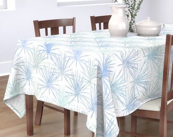 Art Deco Tablecloth - Saw Palmettos Blue On White Jumbo 150 by kadyson - Tropical Botanical  Cotton Sateen Tablecloth by Spoonflower