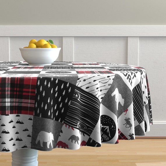 Luxe Cotton Sateen Round Malay Tablecloth by Roostery with Spoonflower Round Tablecloth Not So Black and White Leaves by Crystal/_Walen