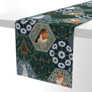 Winter Patchwork Table Runner - Forest Floral Berries Woodland Rabbit Cotton Sateen Table Runner - Winter Large by hope_olivia_illustrations image 5