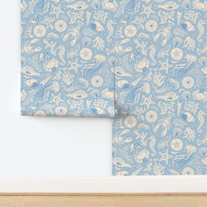 Baby Blue Beach Non-Pasted Wallpaper - Painted Sea Creatures by marigoldie - Nautical Crab Sea Life Wallpaper Double Roll by Spoonflower