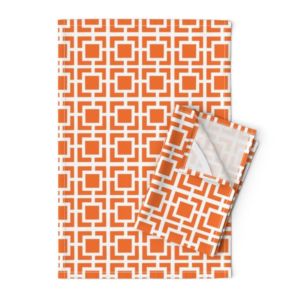 Midcentury Modern Tea Towels (Set of 2) - Atomic Orange by ruby_ritz - Orange Trellis Abstract Mod Linen Cotton Tea Towels by Spoonflower