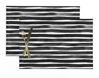Stripes Placemats Set of 2 - Watercolor Lines Brushstrokes Bohemian Nordic Nursery  Cloth Placemats - Black Watercolor Stripes  by friztin
