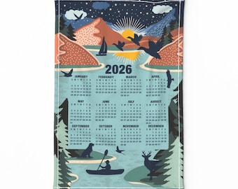 2026 Calendar Tea Towel - Canoeing Through 2026 by studio_birchwood - Rustic Nature Lake Canoe Linen Cotton Canvas Tea Towel by Spoonflower