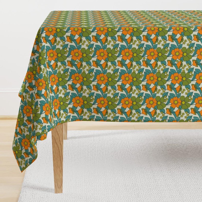 Retro Tablecloth - 70s Floral by morecandy_shop - Floral Hippie 70s 1970s Vintage Style Trending Cotton Sateen Tablecloth by Spoonflower image 1