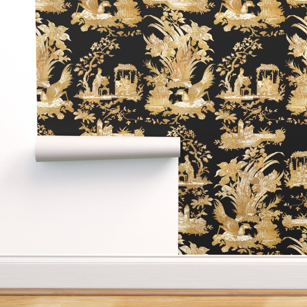 Faux Gold Wallpaper Chinoiserie Toile On Black by Etsy