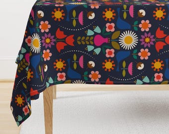 Scandi Floral Tablecloth - Scandinavian Primavera by katerhees - Damask Birds Flowers Retro Bright Cotton Sateen Tablecloth by Spoonflower