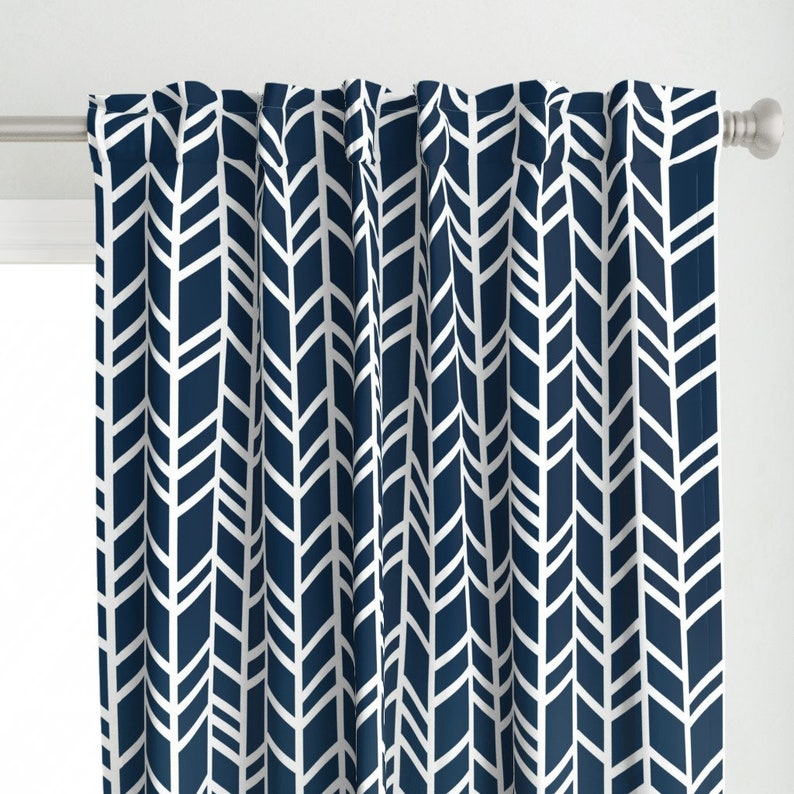 Navy Curtain Panel Large Herringbone Chevron by Etsy